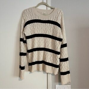 Marled Cream & Black Stripe Cable Knit Sweater Size L